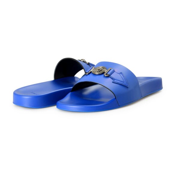 Versace Men\'s Cobalt & Silver Leather Flip Flops Pool Slides Shoes US 12 IT 45